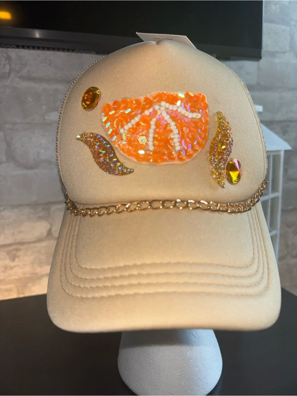 Beige Sequin, Gold Chain Embellished Trucker Cap (Handmade design).